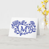 Aangepaste marineblauw Floral monogram M Kaart (Gele Bloem)