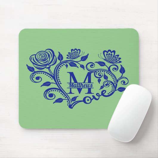 Aangepaste marineblauw Floral monogram M Muismat (Met muis)