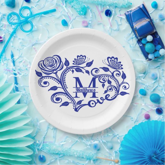 Aangepaste marineblauw Floral monogram M Papieren Bordje (Feest)