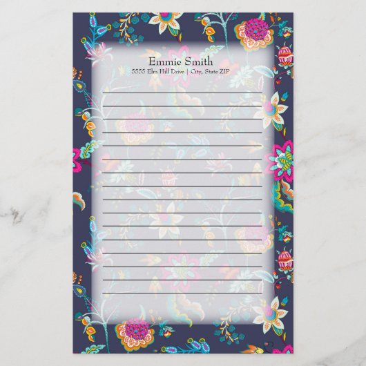 Aangepaste marineblauw met Paarse en goudbloemen Briefpapier (Voorkant)