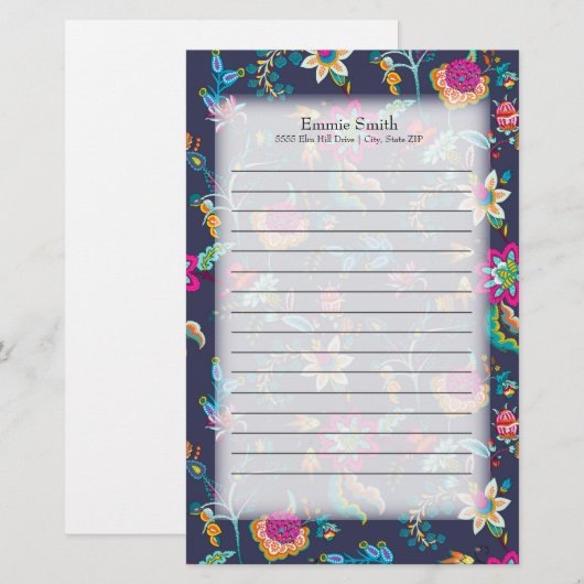 Aangepaste marineblauw met Paarse en goudbloemen Briefpapier (Voorkant / Achterkant)