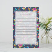 Aangepaste marineblauw met Paarse en goudbloemen Briefpapier (Staand voorkant)
