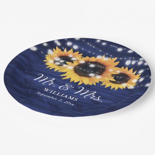 Aangepaste marineblauw zonnebloem Rustic Wood Wedd Papieren Bordje (Gekanteld)