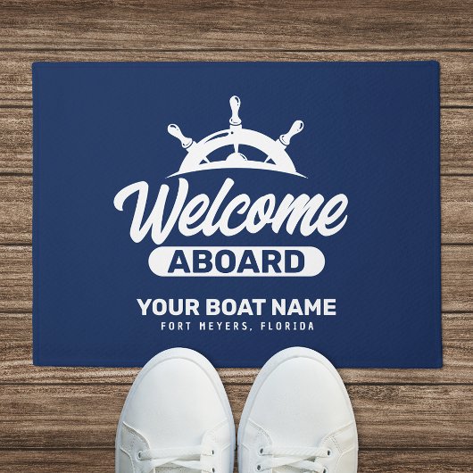Aangepaste marineblauwe bootnaam welkom aan boord deurmat