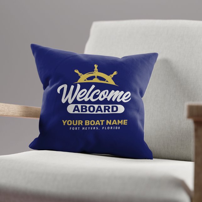 Aangepaste marineblauwe en gouden bootnaam welkom  kussen (Creator heeft geüpload)