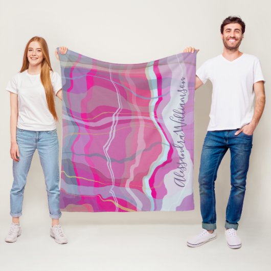 Aangepaste marmeren geruite roze paarse strepen fleece deken (In situ)