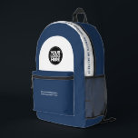 Aangepaste medewerker Logo, tekst, slogan, website Bedrukte Rugzak<br><div class="desc">Personaliseer deze professionele rugzak eenvoudig door uw bedrijfs-logo en een aangepaste tekst toe te voegen. U kunt een bedrijfsnaam, slogan, sociale media, website of aanvullende informatie toevoegen of verwijderen. Een eenvoudig en modern ontwerp in marineblauw en wit met een duidelijk schreefloos lettertype, voor een professionele en edgy look, perfect als...</div>