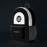 Aangepaste medewerker Logo, tekst, slogan, website Bedrukte Rugzak<br><div class="desc">Personaliseer deze professionele rugzak eenvoudig door uw bedrijfs-logo en een aangepaste tekst toe te voegen. U kunt een bedrijfsnaam, slogan, sociale media, website of aanvullende informatie toevoegen of verwijderen. Een eenvoudig en modern ontwerp in zwart-wit met duidelijk schreefloos lettertype, voor een professionele en edgy look, perfect als relatiegeschenk voor werknemers,...</div>