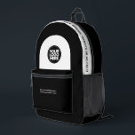 Aangepaste medewerker Logo, tekst, slogan, website Bedrukte Rugzak<br><div class="desc">Personaliseer deze professionele rugzak eenvoudig door uw bedrijfs-logo en een aangepaste tekst toe te voegen. U kunt een bedrijfsnaam, slogan, sociale media, website of aanvullende informatie toevoegen of verwijderen. Een eenvoudig en modern ontwerp in zwart-wit met duidelijk schreefloos lettertype, voor een professionele en edgy look, perfect als relatiegeschenk voor werknemers,...</div>