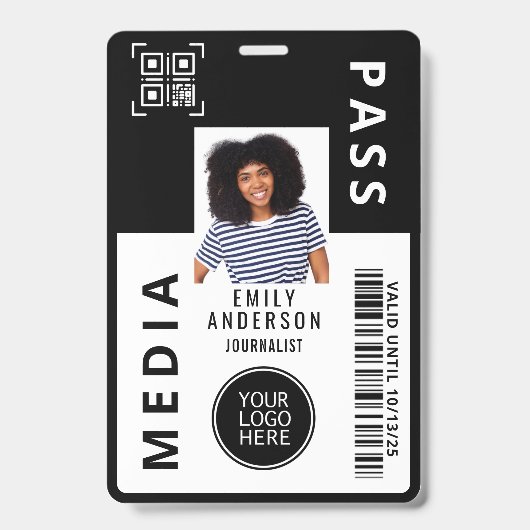 Aangepaste Media Pass Foto ID Logo QR Code | Zwart Badge (Voorzijde)