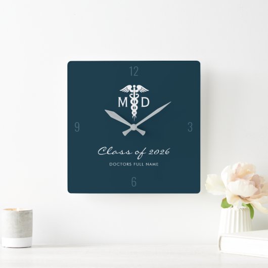 Aangepaste medische arts Blue Caduceus Symbol Kant Vierkante Klok (Huis)