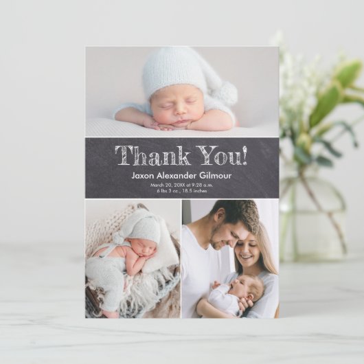 Aangepaste meervoudige foto's Chalkboard Baby Boy  Bedankkaart (Staand voorkant)