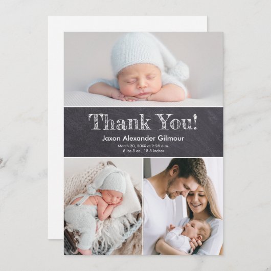 Aangepaste meervoudige foto's Chalkboard Baby Boy  Bedankkaart (Voorkant / Achterkant)