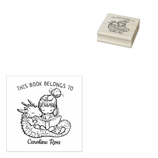 Aangepaste Meisje Lezen met Dragon Bookplate Rubberstempel (Gestempeld)