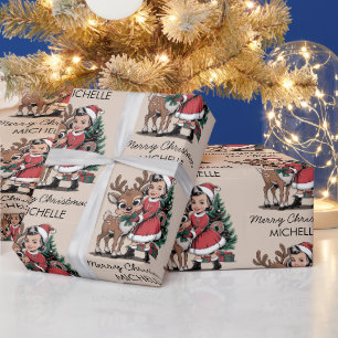 Aangepaste meisje met lieve rendieren Vintage Kers Cadeaupapier