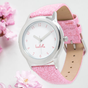 Aangepaste meisjes Naam Roze Glitter Strap Kinder  Horloge