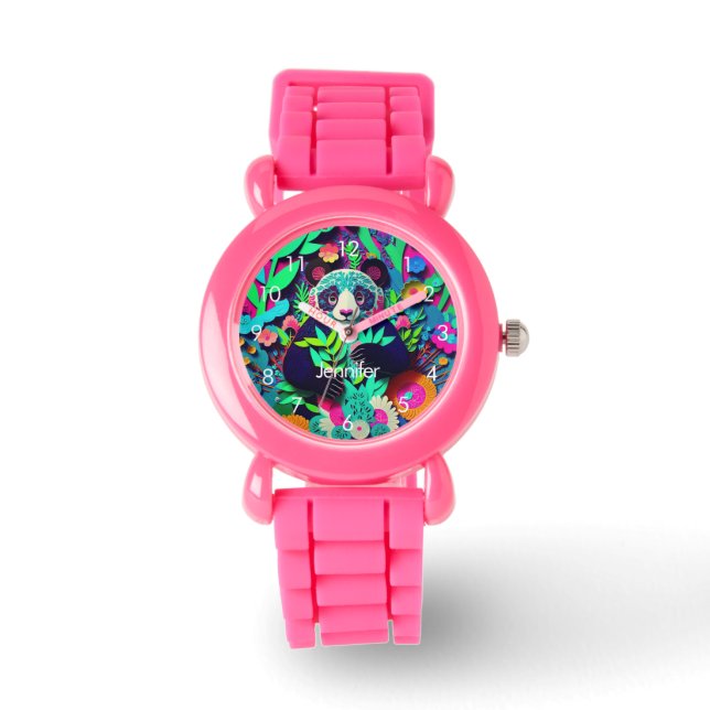 Aangepaste Meisjes Regenboog Panda Naam Horloge (Voorkant)