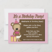 Aangepaste meisjesfeest, Roze Beer Cupcake Kaart (Voorkant)