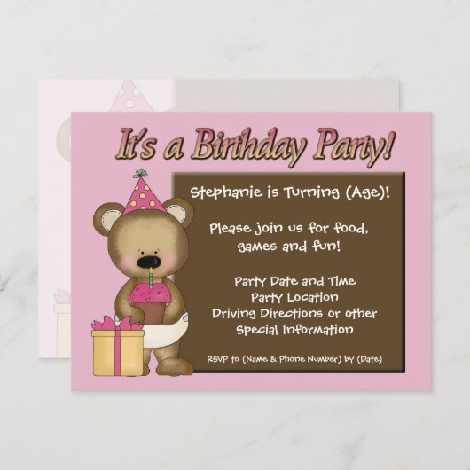 Aangepaste meisjesfeest, Roze Beer Cupcake Kaart (Voorkant / Achterkant)