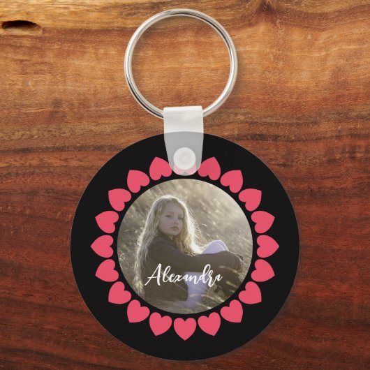 Aangepaste meisjesfoto met perzikige hartcirkel sleutelhanger (Achterkant)