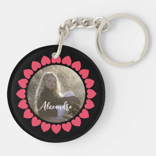 Aangepaste meisjesfoto met perzikige hartcirkel sleutelhanger (Achterkant)