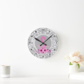 Aangepaste meisjesnaam Girly Silver Bokeh Pink Flo Ronde Klok (Huis)