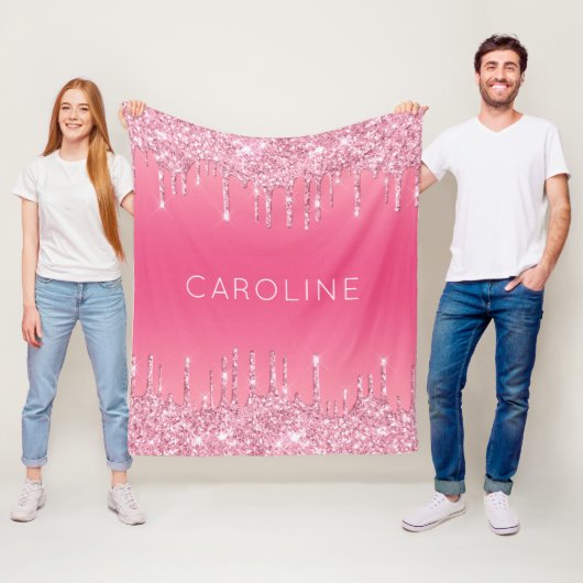 Aangepaste meisjesnaam Zacht roze glitter Dripping Fleece Deken (In situ)