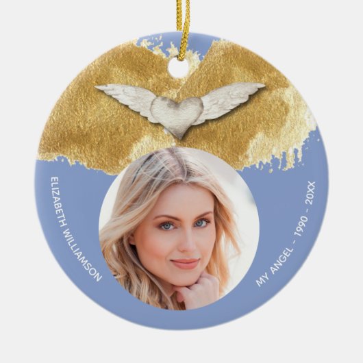 Aangepaste Memorial Angel Wings Keepsake Foto Keramisch Ornament (Voorkant)