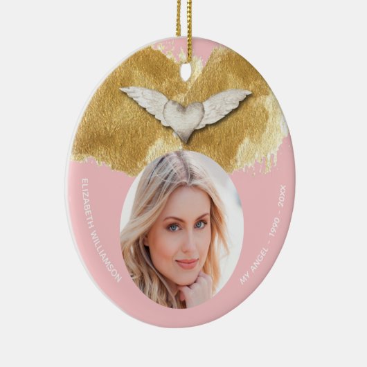 Aangepaste Memorial Angel Wings Keepsake Foto Keramisch Ornament (Rechts)