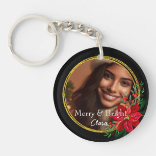 Aangepaste Merry Bright Christmas Foto Rode Bloem Sleutelhanger