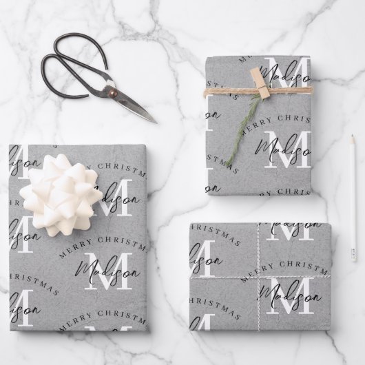 Aangepaste Merry Christmas Grey Monogram Inpakpapier Vel (Voorkant)