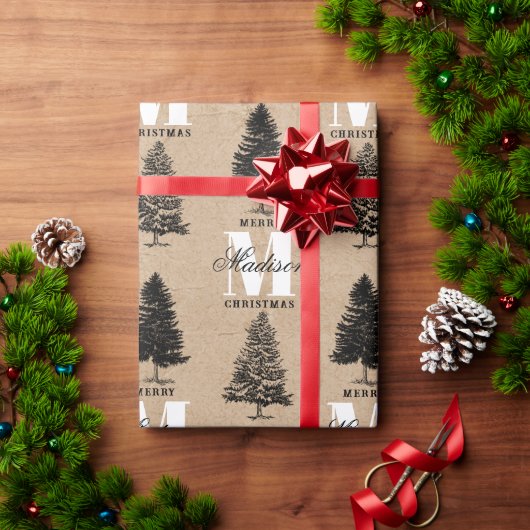Aangepaste Merry Christmas Kraft  Monogram Cadeaupapier (Feestdagen Geschenken)