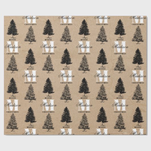 Aangepaste Merry Christmas Kraft  Monogram Cadeaupapier (Vlak)