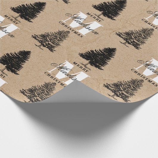 Aangepaste Merry Christmas Kraft  Monogram Cadeaupapier (Hoek)