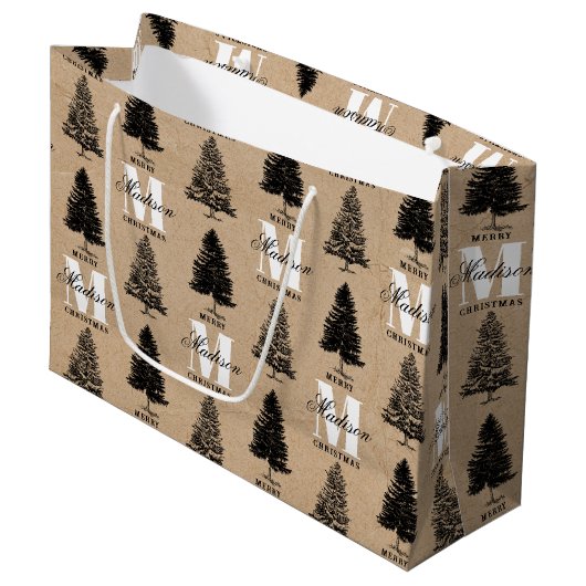 Aangepaste Merry Christmas Kraft  Monogram Groot Cadeauzakje (Voorkant Gekanteld)