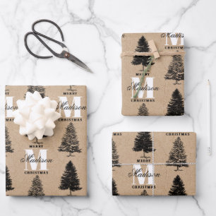 Aangepaste Merry Christmas Kraft  Monogram Inpakpapier Vel