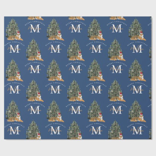 Aangepaste Merry Christmas Monogram Tiger & Tree B Cadeaupapier (Vlak)