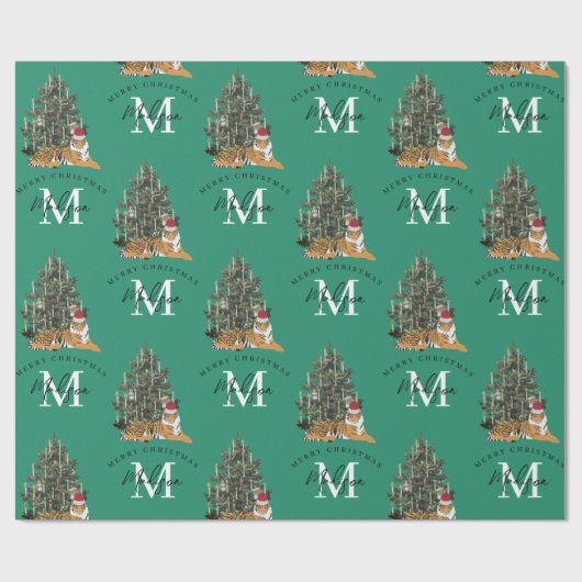 Aangepaste Merry Christmas Monogram Tiger & Tree G Cadeaupapier (Vlak)