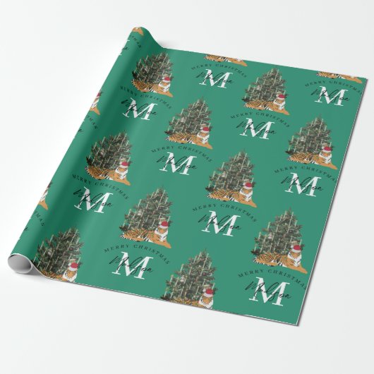 Aangepaste Merry Christmas Monogram Tiger & Tree G Cadeaupapier (Uitgerold)