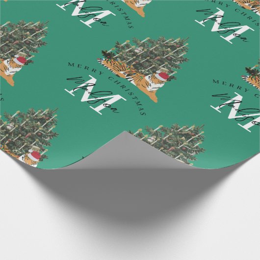Aangepaste Merry Christmas Monogram Tiger & Tree G Cadeaupapier (Hoek)