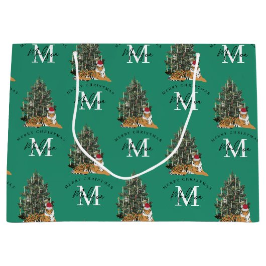 Aangepaste Merry Christmas Monogram Tiger & Tree G Groot Cadeauzakje (Voorkant)