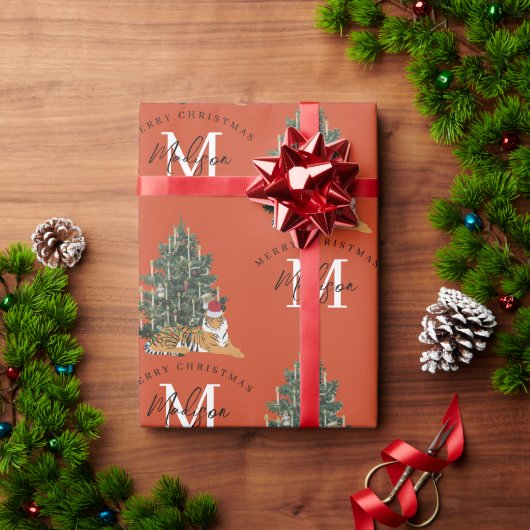 Aangepaste Merry Christmas Monogram Tiger & Tree R Cadeaupapier (Feestdagen Geschenken)