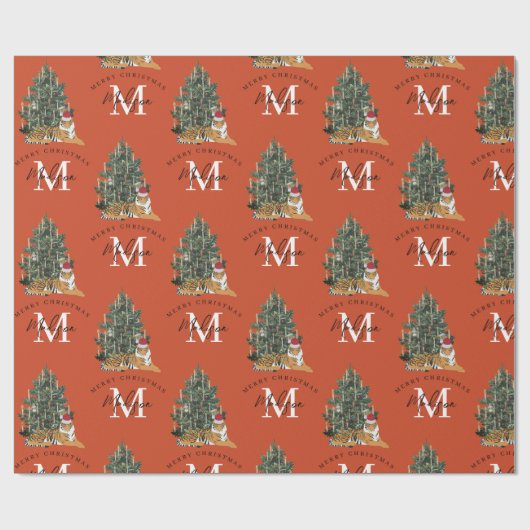 Aangepaste Merry Christmas Monogram Tiger & Tree R Cadeaupapier (Vlak)
