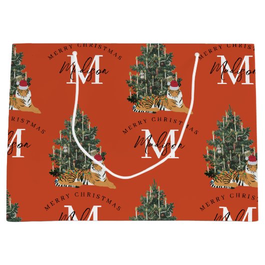 Aangepaste Merry Christmas Monogram Tiger & Tree R Groot Cadeauzakje (Voorkant)