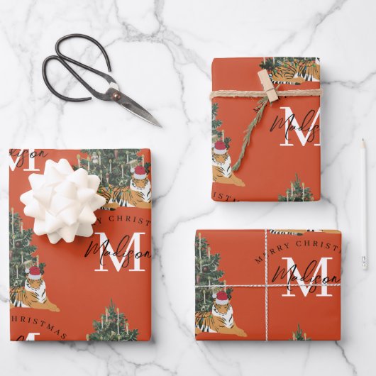 Aangepaste Merry Christmas Monogram Tiger & Tree R Inpakpapier Vel (Voorkant)
