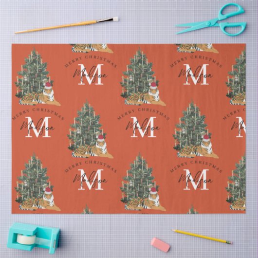 Aangepaste Merry Christmas Monogram Tiger & Tree R Tissuepapier (Craft)