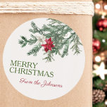 Aangepaste Merry Christmas Naam toevoegen Waterver Ronde Sticker<br><div class="desc">Prachtige waterverf ivoren textuur basis met een waterverf kerstpijnboom bough wit een rode en een witte poinsettia. Beide tekstgebieden zijn aanpasbaar. eerst zegt vrolijk kerstfeest,  verzenden bevat een script lettertype voor plaatsing van jouw namen</div>
