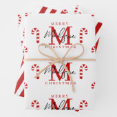 Aangepaste Merry Christmas Red Candy Cane Monogram Inpakpapier Vel (In situ)