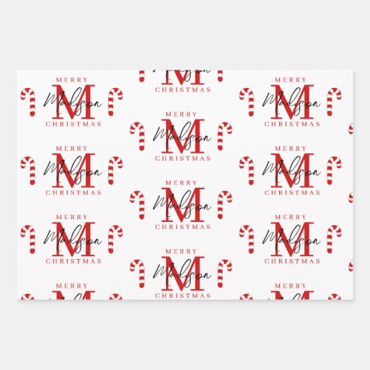 Aangepaste Merry Christmas Red Candy Cane Monogram Inpakpapier Vel (Voorkant)