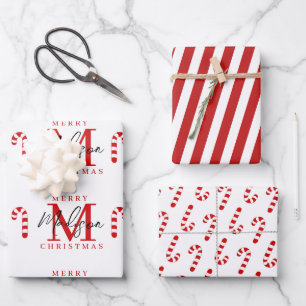Aangepaste Merry Christmas Red Candy Cane Monogram Inpakpapier Vel